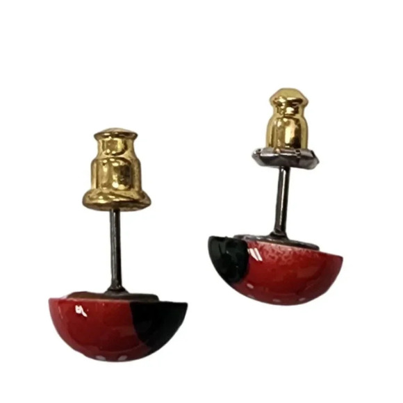 Vintage Red Black Enamel Ladybug Stud Earrings - Picture 2 of 2